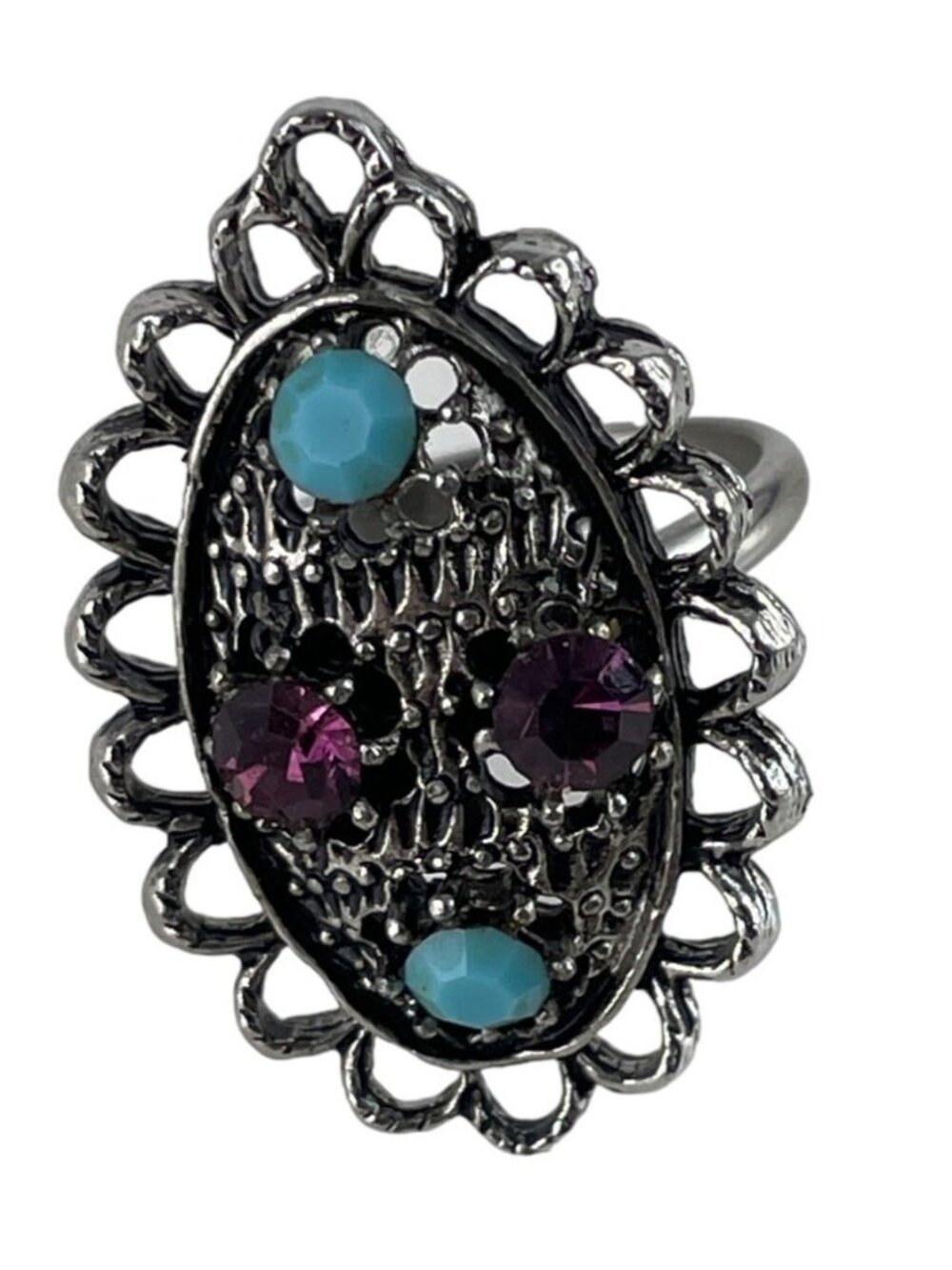 Vintage Purple & Blue Multi Stone Silver Tone Adjustable Ring - Picture 2 of 7